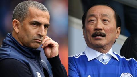 Sabri Lamouchi looks pensive while Vincent Tan surveys a game at Cardiff