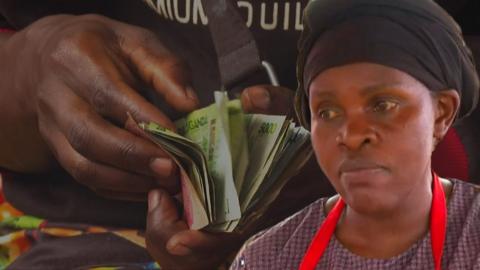 A composite image of a man counting money and a face of a female trader