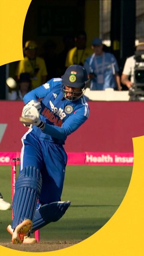 Tilak Varma batting for India against England in the men's international T20.