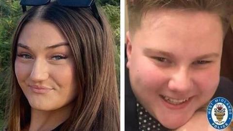 Two pictures side by side: a girl with brown hair smiling on the left, and a boy with light brown hair smiling on the right, with the West Midlands Police logo in the bottom right corner