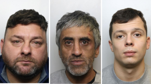 Three mugshots side by side. On the left, a man with dark hair and stubble in a blue top. In the centre, a man with grey hair, dark eyes and grey stubble. He is wearing a grey t-shirt. On the right, a man with dark hair and dark eyes, wearing a grey top.