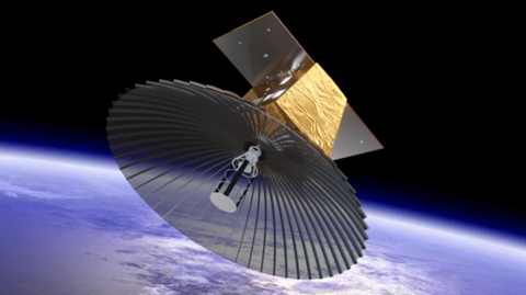 A computer generated image of the satellite which is mostly made up of a large dish. It is floating above the blue planet earth about it.