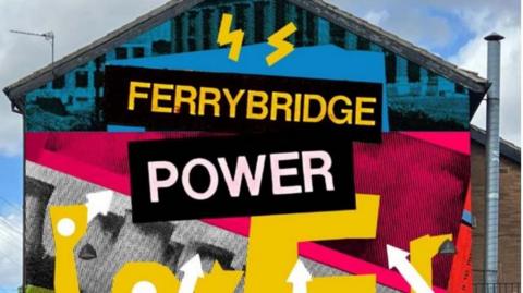 An artist's impression of how the mural would look. It is a bright pink, blue and yellow design with graphic lightning bolts and text which reads 'Ferrybridge Power'