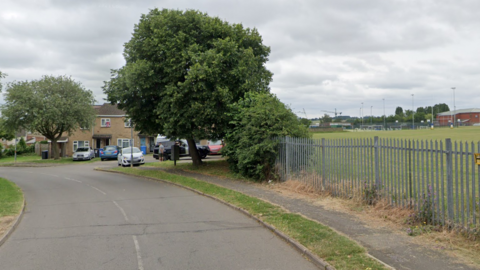 A road with a grass park to the right, and a number of residential houses further along the street. There are a few cars parked outside the houses and the road bends to the left. 