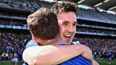 Clare duo Rory Hayes and Ian Galvin embrace after the victory over Kilkenny