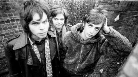 Danny Goffey, Gaz Coombes and Mickey Quinn of Supergrass, group portrait, Oxford, United Kingdom, 1994. 