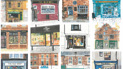 A collage of drawings of shop fronts from around York, including The Blue Bell, Duttons for Buttons, and The Hat Shop. 