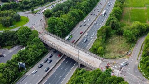 A drone shot of the A432 bridge showing it closed and with no tarmac on the road section.