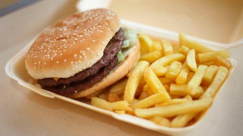 A photo showing a takeaway carton containing a burger in a bun and a portion of chips