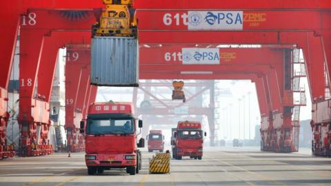 Trucks at a Chinese container port