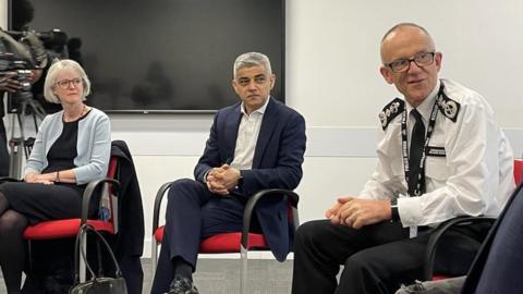 Left to right: Sophie Lindon, Sadiq Khan and Sir Mark Rowley at Hendon Police College