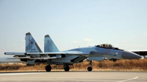 File photo showing a Russian air force Sukhoi Su-35 fighter landing at Hmeimim airbase in Latakia, Syria (26 September 2019)
