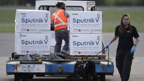 Supplies of Russia's Sputnik V vaccine seen at an airport