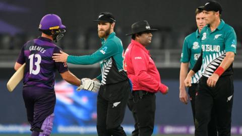 Scotland's Chris Greaves shakes hands with New Zealand captain Kane Williamson