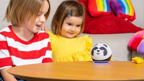 Children looking at Amazon's Echo Dot speaker (panda design)