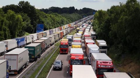 Operation Stack: Lorries are backed up on the M20 motorway in Ashford, Kent, July 29th 2015