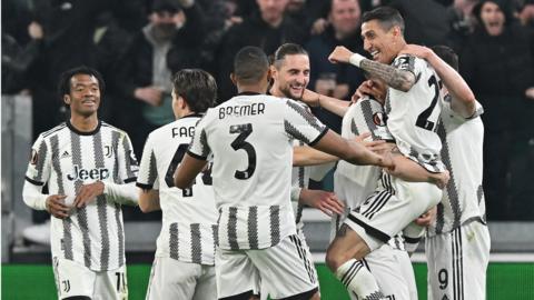 Juventus players celebrate after Angel di Maria gives their side the lead against Freiburg in the Europa League