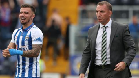 Kilmarnock's Danny Armstrong celebrates in front of Celtic's Brendan Rodgers