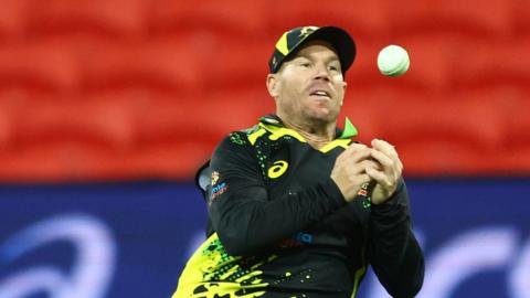 David Warner of Australia drops a catch during day one of the T20 International series