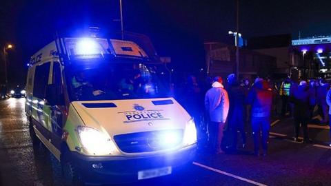 Police van at Everton football game at Goodison Park