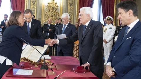 New Interior Minister Luciana Lamorgese (L) sworn in, as PM Giuseppe Conte (R) looks on, 5 Sep 19