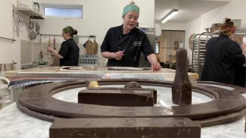 the first chocolate replica being made on Wednesday