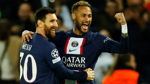 Lionel Messi and Neymar celebrate a Paris St-Germain goal in the Champions League