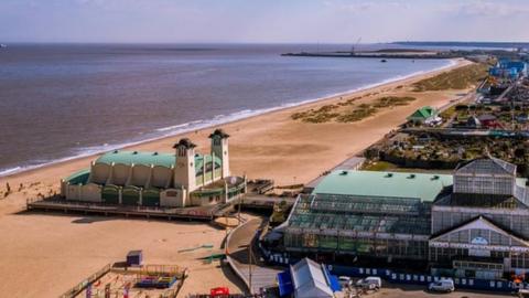 View of Great Yarmouth from big wheel looking south along Marine Parade towards outer harbour