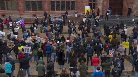 Tens of Black Lives Matter protesters outside the Guildhall in Derry in June 2020