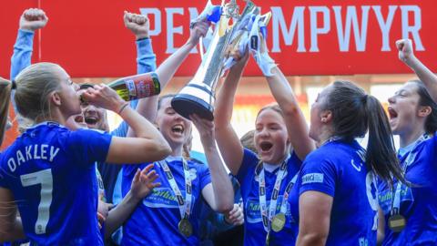 Cardiff City celebrate winning last season's Genero Adran Premier title