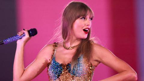 US singer-songwriter Taylor Swift performs during her Eras Tour at Sofi stadium in Inglewood, California.