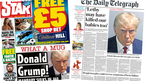 The headline in the Star reads, "Donald Grump! Manbaby sulks in jail", while the headline in the Telegraph reads, "'Letby may have killed our babies too'"