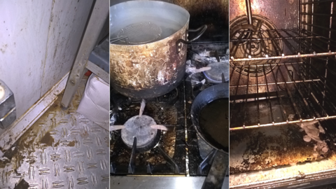 Three images showing a dirty kitchen floor, hobs and an oven