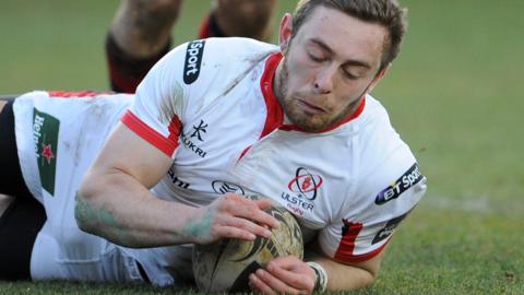 Ross Adair goes over for his competitive try for Ulster against the Dragons at Rodney Parade seven years ago