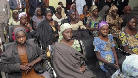 Chibok schoolgirls freed from Boko Haram captivity in October 2016 are seen during a meeting with Nigeria's Vice President Yemi Osinbajo, in Abuja, Nigeria.