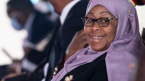 Tanzania's new president, Samia Suluhu, attends a service honoring President John Magufuli on March 26, 2021