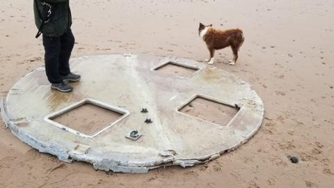 Man and dog next to turbine part on beach