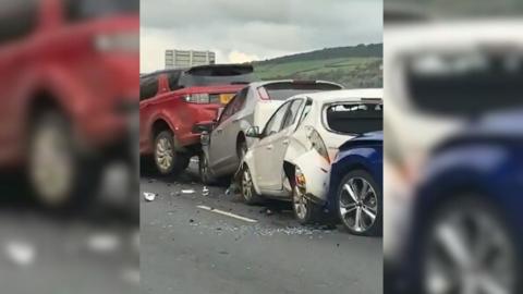 Screenshot of cars involved in ten car crash