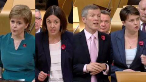 All of the Scottish political leaders chose to wear a form of the poppy at First Minister's Questions.