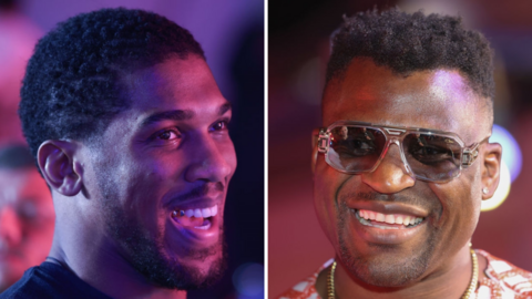 Split image of Anthony Joshua smiles beside a picture of Francis Ngannou doing the same