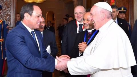 Pope Francis was greeted by President Abdel al Fattah al-Sisi