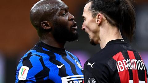 Romelu Lukaku and Zlatan Ibrahimovic clash during Milan derby.