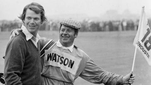 Tom Watson and caddie at the 1975 Open