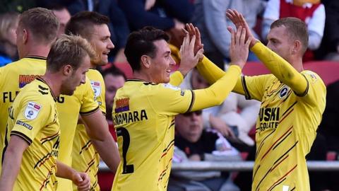 Millwall celebrate Tom Bradshaw's opener at Ashton Gate