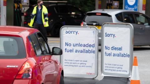 'No fuel' signs outside an petrol station in Cardiff on Friday