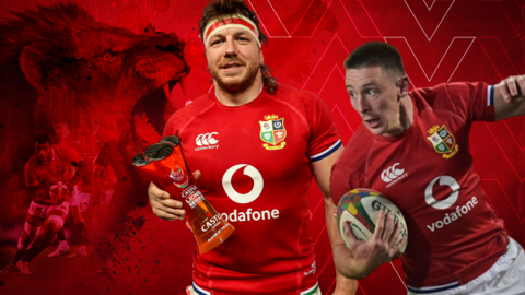 A graphic showing Hamish Watson and Josh Adams with a picture of a Lion