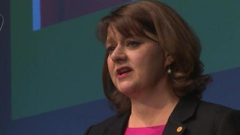 Leanne Wood speaking at the Plaid party conference in Llangollen