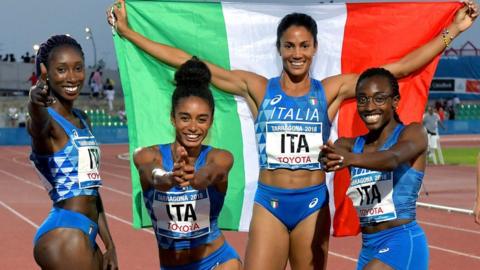 (Left to right) Raphaela Lukudo, Maria Benedicta Chigbolu, Libania Grenot, Ayomdie Folorunso