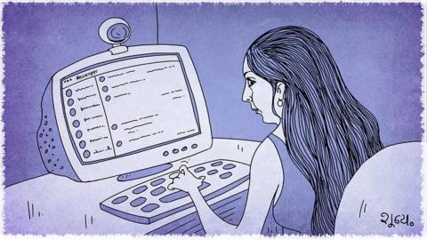 Illustration of a woman using a computer