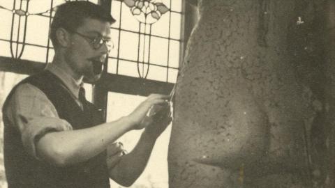 Eddie Hawking working on a sculpture at Northern School of Art circa 1954-55